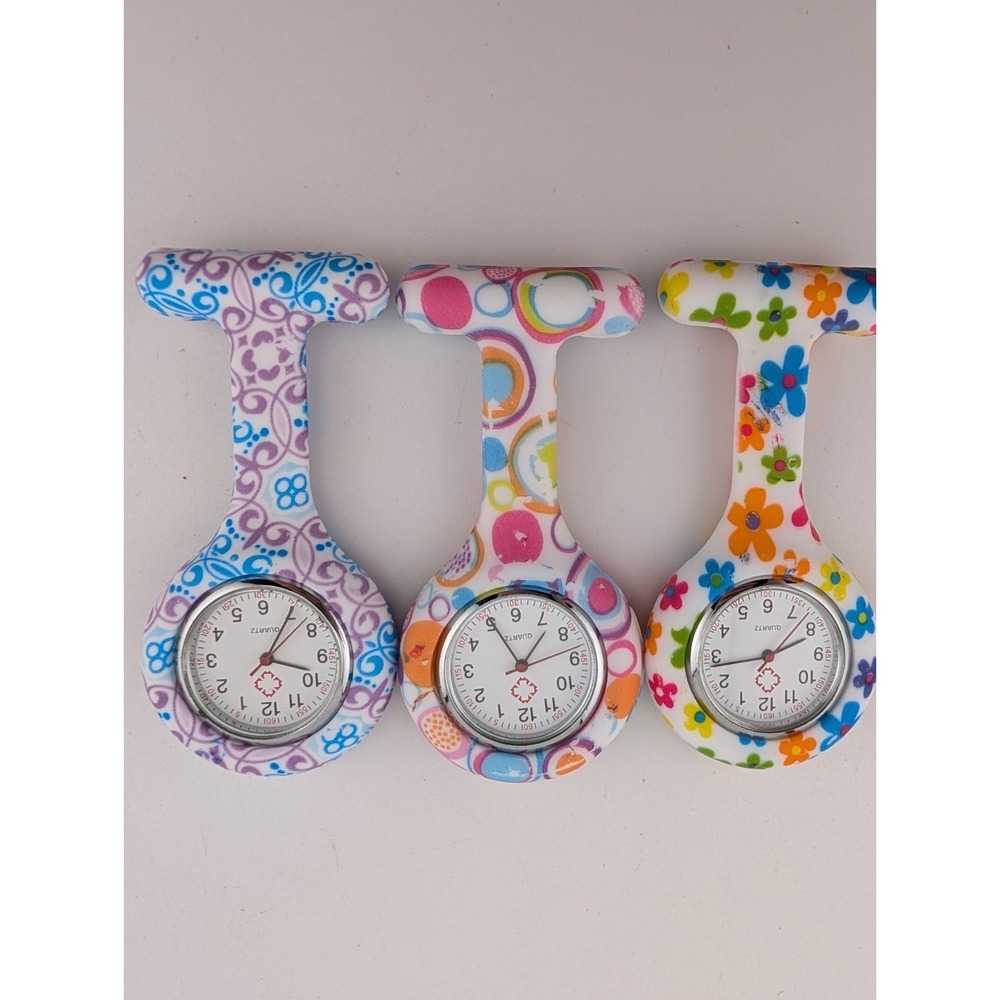 Lot of 3 Nurse Brooch Fob Watches Silicone Multicolor- New Battery